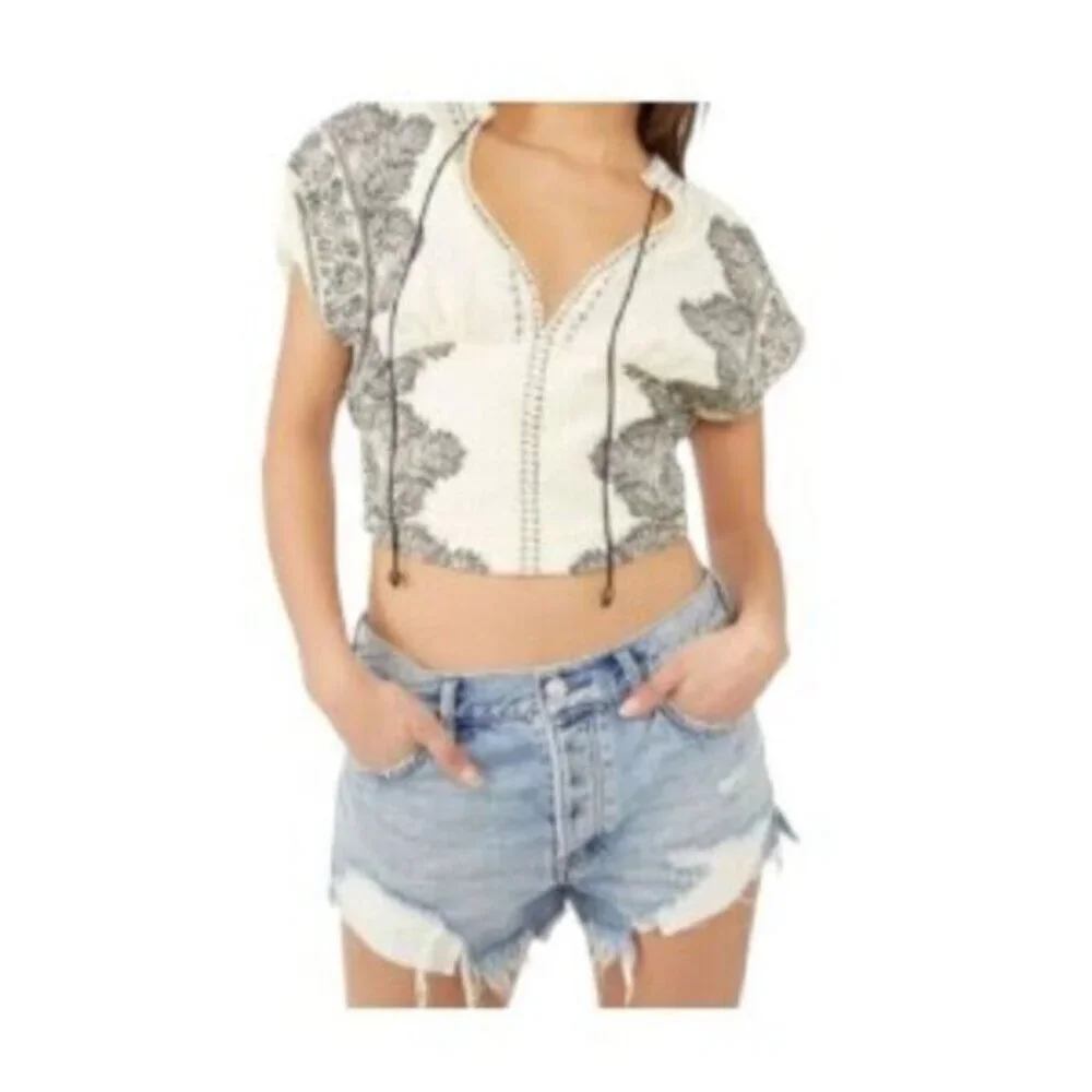 Free People Cotton Temecula Blouse Top Boho Ivory Combo Large NWT